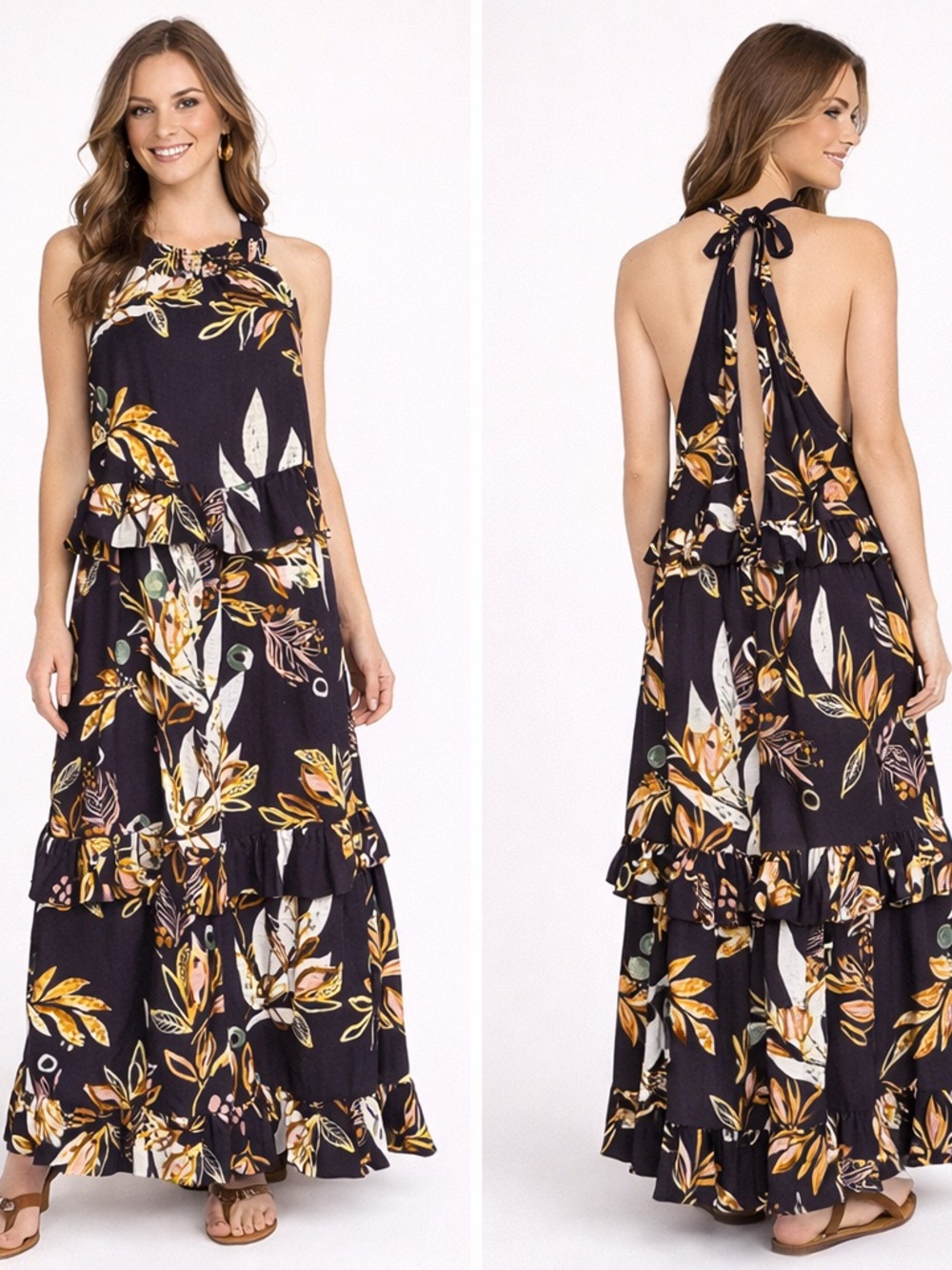 Free People Anita Floral Maxi Dress Halter Boho Tiered Small